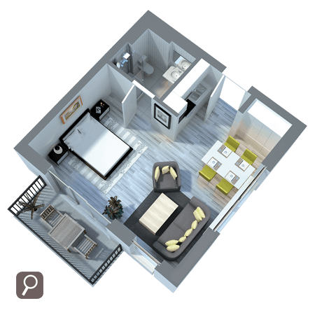 3D Ansicht unseres 34qm Apartments - Wohnen auf Zeit für 2 oder als Businessapartment für Pendler und Geschäftsreise