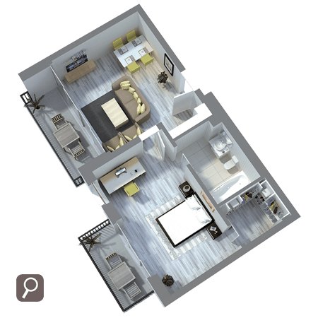 3D Ansicht unseres Zweiraum Serviced Apartments in Berlin Adlerhof