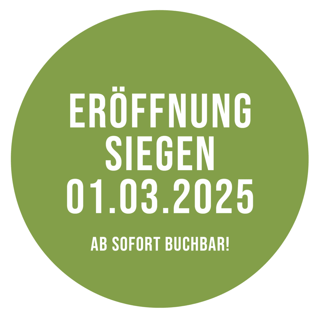 Störer mit dem Hinweis zur Eröffnung des Standortes in Siegen am 01.03.2025 und dem Hinweis das ab sofort dort gebucht werden kann